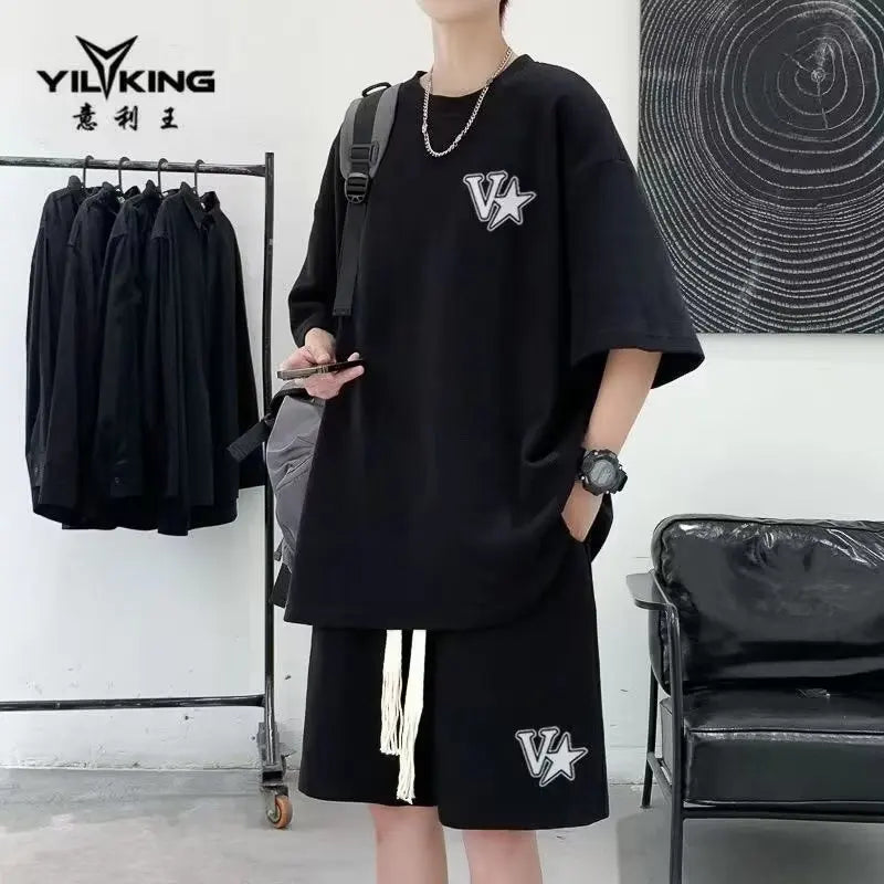 Korean Fashion Men Short Sets Hip Hop Rock Casual Short Suit Funny Bear Tshirts Shorts 2 Piece Set Summer Tracksuit Men 2023 New