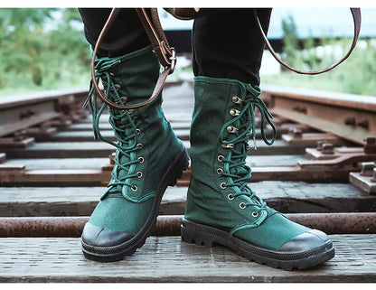 Mid-calf Men Canvas Boots Lace Up Tactical Men Shoes High top Sneakers Military Boots Work Shoes Jungle Mountaineering Shoes Men