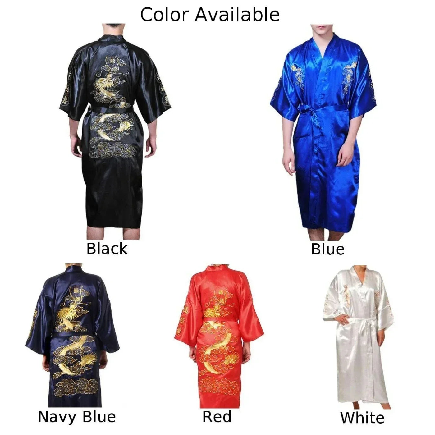 Men's Satin Robes Chinese Style Dragon Embroidery Kimono Silk-like Bathrobe Pajamas Sleepwear Gown Bath Robe