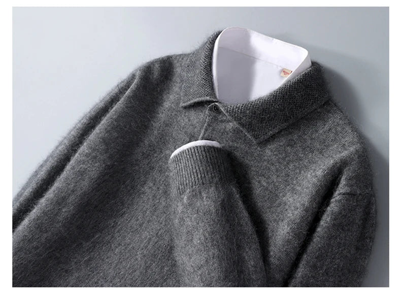 Men's Shirt 100% Mink Cashmere Sweater Casual Business POLO Collar Pullover Autumn Winter Warm Knit Base Shirt Men's Clothing