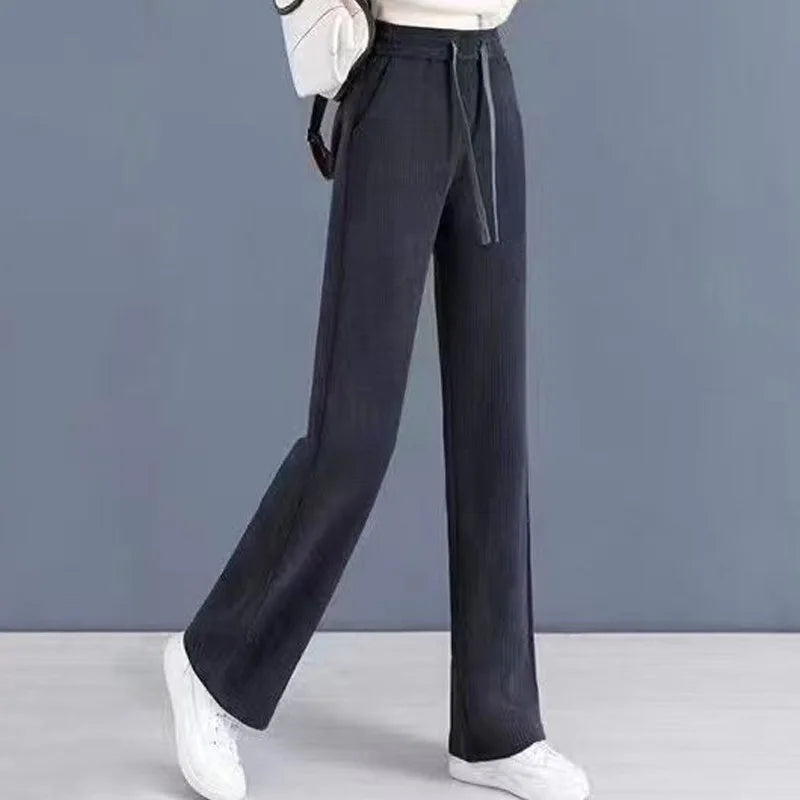 Women's Clothing 2023 New Spring Autumn Thin Loose Solid Color Lacing Drawstring Elastic Waist Pocket Straight Wide Leg Pants GRAY