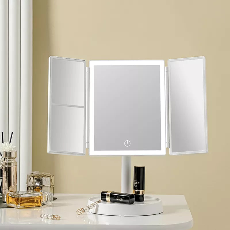 Wireless Foldable Makeup Mirror With LED Light 3 Tone Lights Desktop Vanity Mirror 2X/3X Magnifying 360° Adjustable Rechargeable