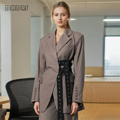 High Street Women's Suit Jacket, Fashionable Belt Notched Jacket for Women, Regular Fit Autumn Outfit