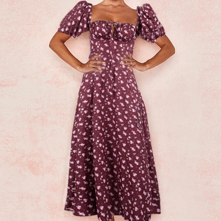 Lovely Elegant French Floral Printed Half-Sleeve Maxi Dress Women's Sexy Backless Slim Halter Split Dresses A-Line Robe Vestidos JHS