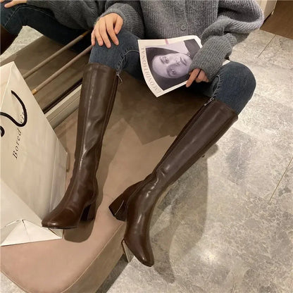 Women Warm Long Boots Woman Knee High Booties Ladies Shoes Platform Thick Heel PU Leather Soft Zipper Woman Fashion Winter 2023