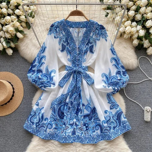 Vintage Print Elegant Puff Sleeve A-line Vneck Mini Dress Casual Women Fashion Autumn Spring Dress Blue