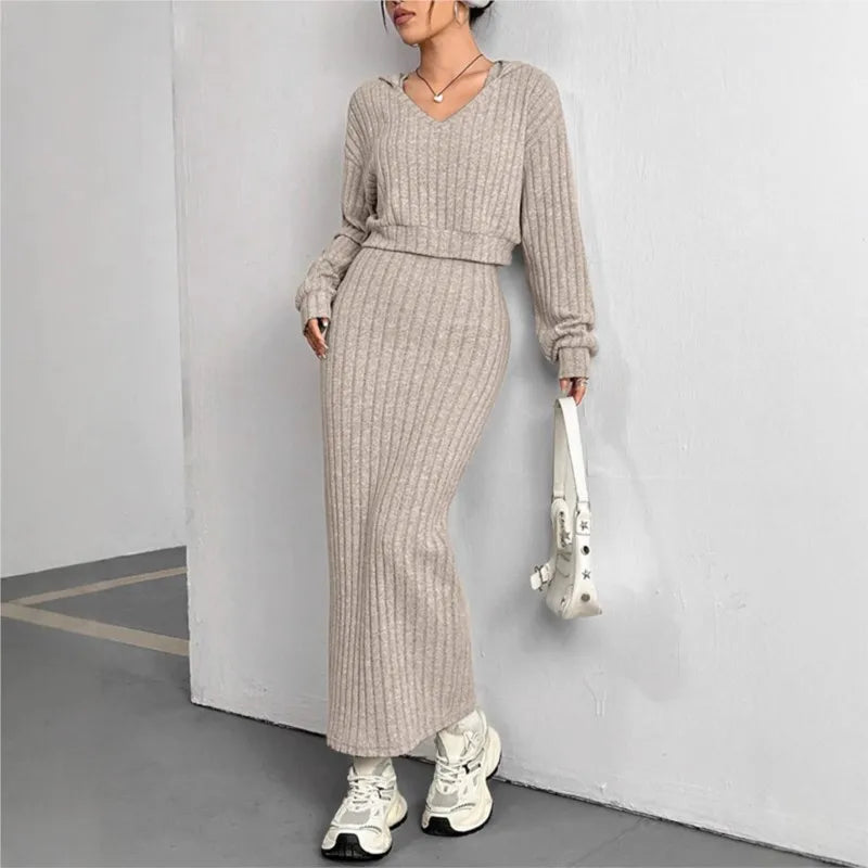 Women's New Fashion Suit Fall Winter Hooded Shawl Long-sleeve Sweatshirt Vest Short Skirt Slim Two-piece Set Suit Women Clothing