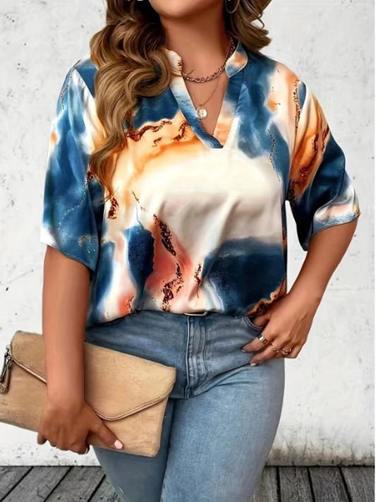 Latest Popular Plus Size Women's Tie Dye V-neck Short Sleeved Shirt Women's Casual Fashion Top Shirt Comfortable