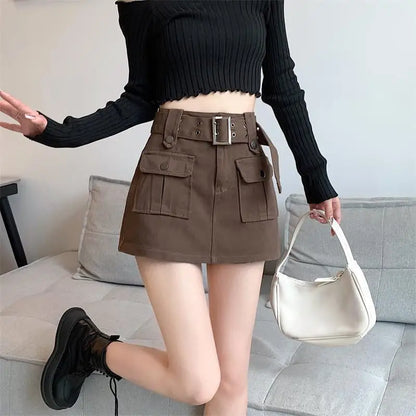 Designer Fake Two-piece Skirts Shorts Women Autumn and Winter High-waisted Y2K A-line Belt Shorts Women's Outwear Cargo Shorts Coffee