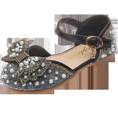 Lovely New Summer Girls Sandals Cute Bow Pearl Sequins Kids Princess Shoes Flat Heels Dancing Shoes Size 21-36 SZY014- Black