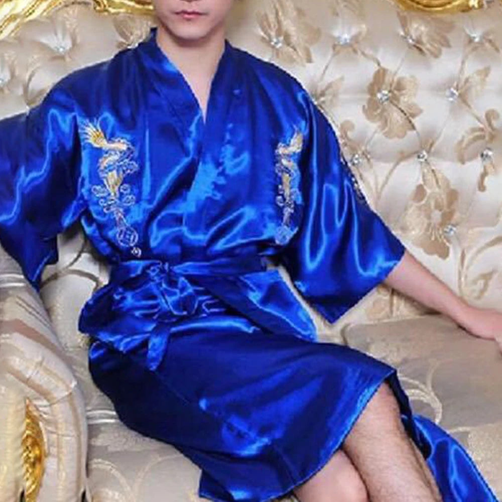 Men's Satin Robes Chinese Style Dragon Embroidery Kimono Silk-like Bathrobe Pajamas Sleepwear Gown Bath Robe