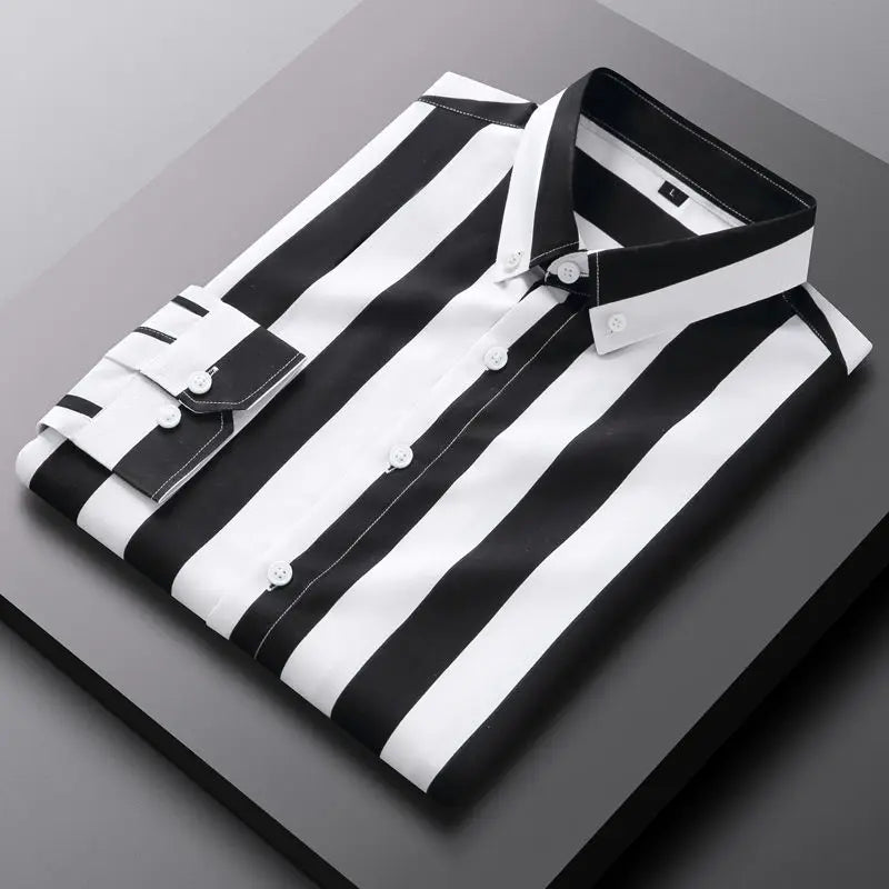 Fashion Lapel Button Loose Korean Striped Shirts Men Clothing 2023 Autumn New Oversized Casual Tops Long Sleeve All-match Shirt