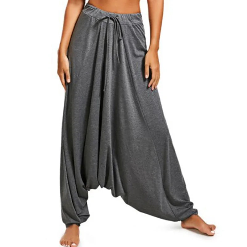 Harem Pants Womens Casual Hippy Loose Trousers Baggy Drop-crotch Solid Color Wide Leg Elastic Waist Fashion Mujer Pantalones New Gray