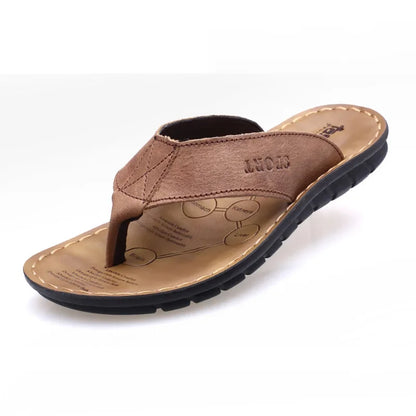 Summer Shoes Men Slippers Genuine Leather Beach Slippers Outdoor Anti-slip Mens Flip Flop Sandals Male Casual Leather Sandals Khaki