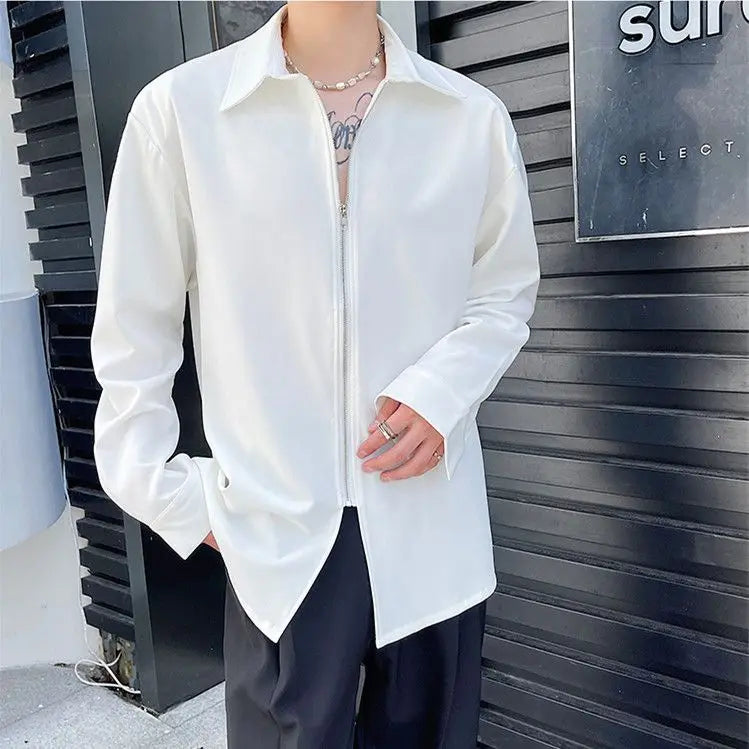 Simplicity Loose Solid Turn-down Collar Handsome Spring Summer Long Sleeve Shirts Man Men's Clothing Zipper Streetwear Casual WHITE