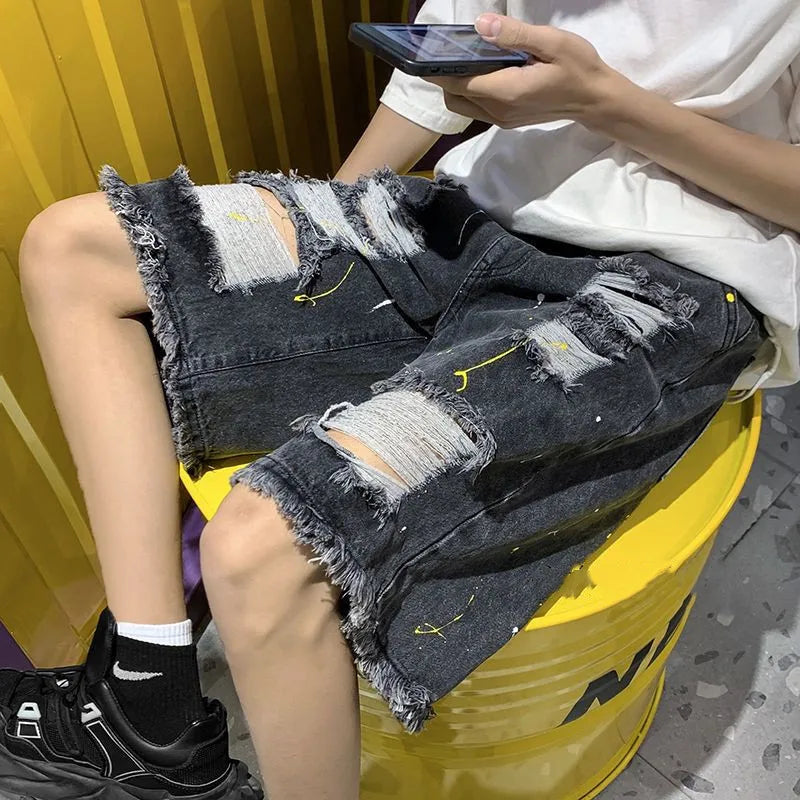 2023 Hip Hop Ripped Denim Shorts Y2K Streetwear Men Vintage Destroyed Hole Baggy Jeans Pants Fashion Summer Loose Shorts Black