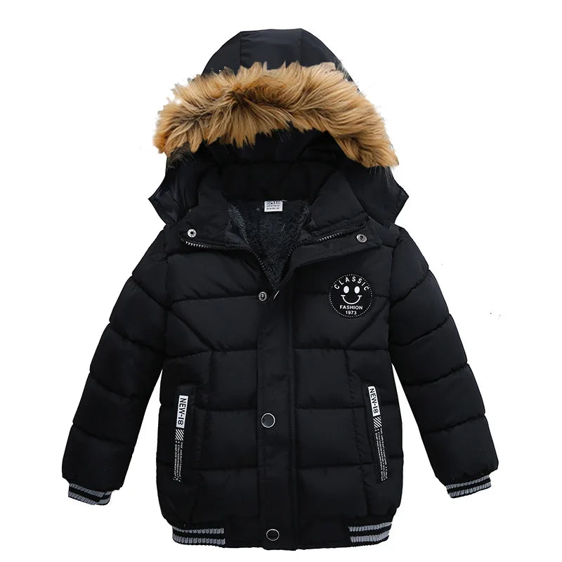 2 3 4 5 6 Years Boys Jacket Autumn Winter New Solid Color Thicken Hooded Zipper Fashion Fur Collar Kids Keep Warm Outerwear