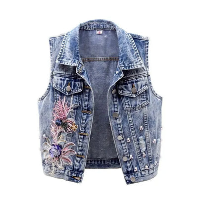 2024 Student Vest Slim Short Jacket Embroidery Flowers Sleeveless Denim Vest Women's Beaded Waistcoat Hole Jeans Vest Coat Girl