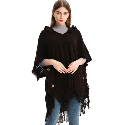 2023 Women's Hooded Shawl Warm Spring and Autumn Large Size Knit Sweater Button Hooded Cape Shawl