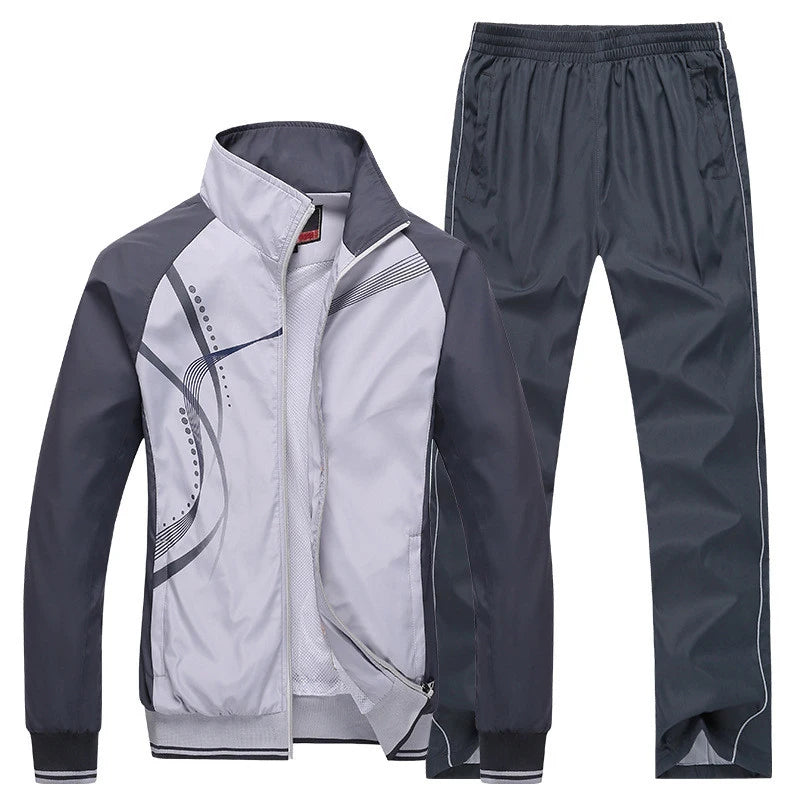 Men Sportswear New Spring Autumn Tracksuit 2 Piece Sets Sports Suit Jacket+Pant Sweatsuit Male Fashion Print Clothing Size L-5XL GRAY