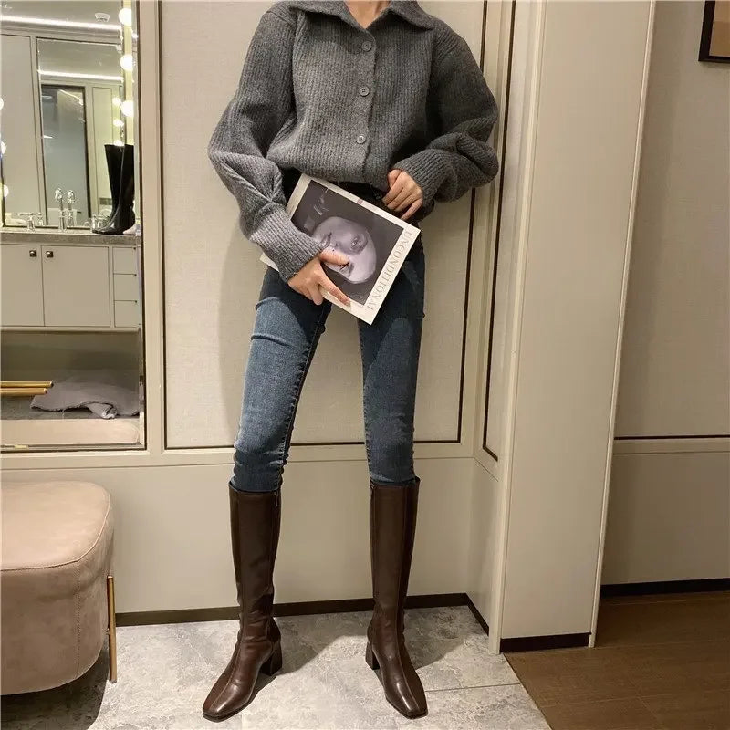 Women Warm Long Boots Woman Knee High Booties Ladies Shoes Platform Thick Heel PU Leather Soft Zipper Woman Fashion Winter 2023