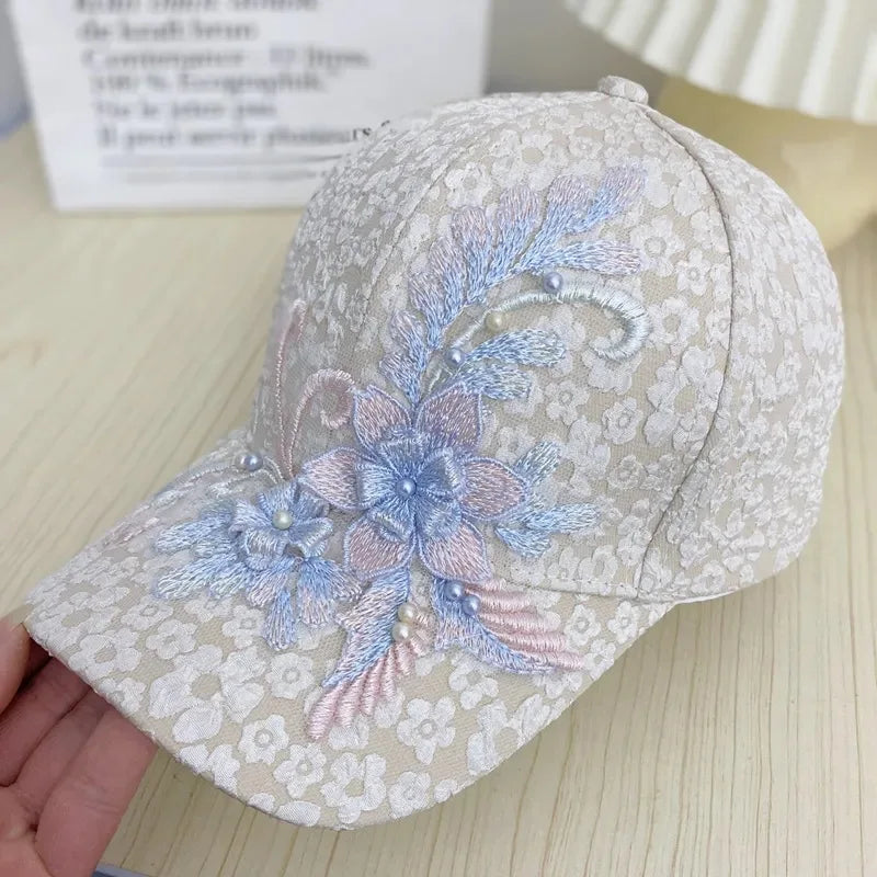 2024 Women's Fashion Summer Lace Flowers Baseball Cap Hundred with Sunscreen Duck Tongue Cap Sunshade Breathable Rebound Cap Beige adjustable54-60cm