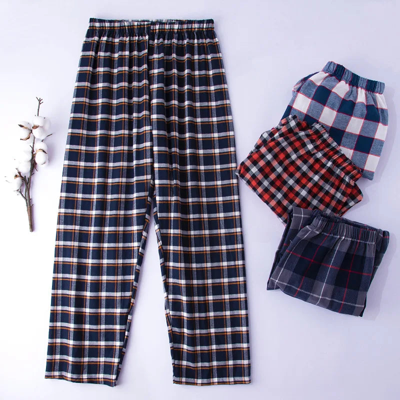 Men’s 100%Cotton Plaid Pajama Long Sleeping Pants Male Casual Loose Trousers Loungewear Cozy Breathable Sleep Bottoms Nightwear