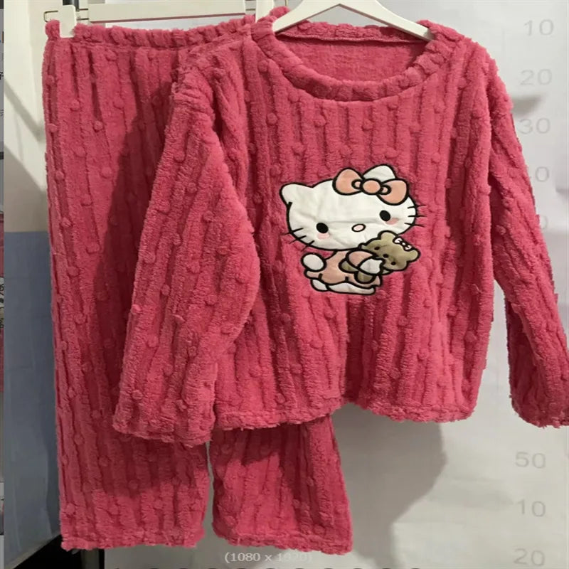 Hello Kitty Autumn Winter Fleecing Pajama Suit Warm Woolen Velvet Loungewear Set Top Elastic Waist Pants Women Sleepwear set