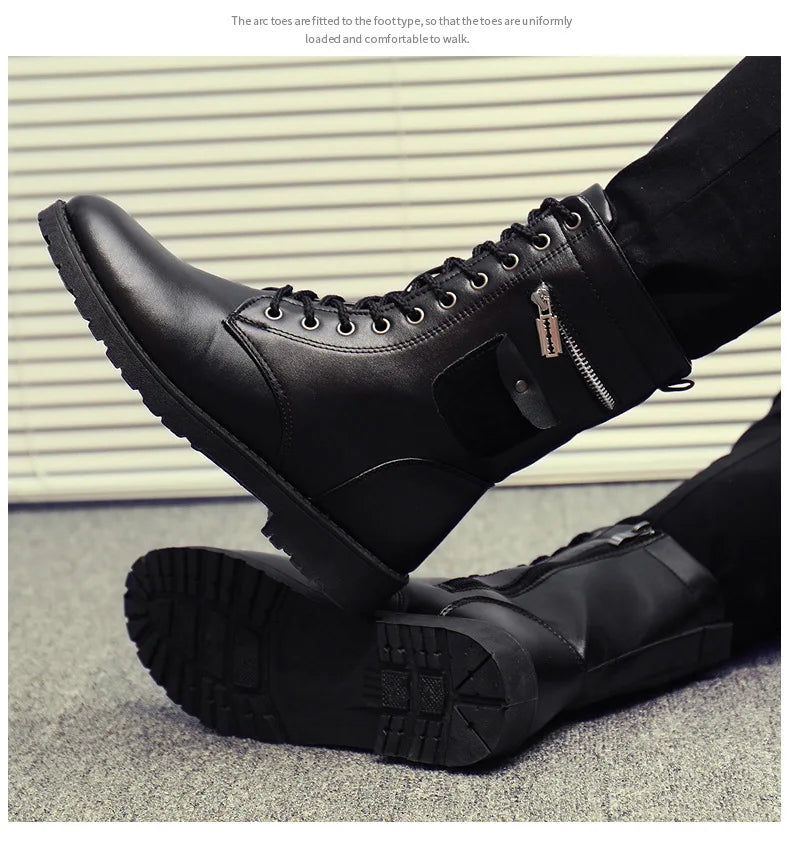 Men Boots Increasd Ankle Boots Metal Side Zipper Men's Boots British Male Motorcycle Boots Quality Mid-Carf Cotton Winter Shoes