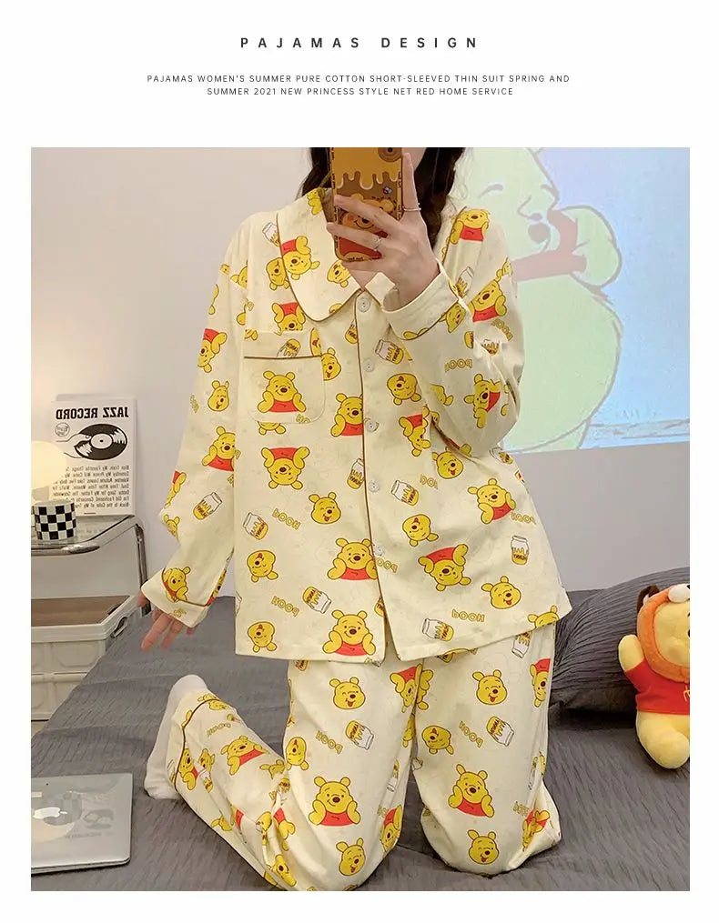 Elegant Winnie The Pooh Bear Cute Pajamas Women Spring Autumn Long Sleeve Sleepwear Fashion Kawaii Loose Cartoon Home Clothes Y2k