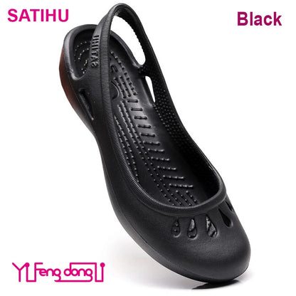 Lovely Satihu Summer New Lightweight Anti Slip Hole Shoes Clog For Women's Flat Bottom Sandals Nurse Outdoor Beach Jelly Black