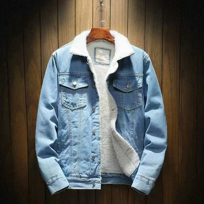 Men Jean Jacket Thicken Lamb Cashmere Lining Solid Color Coldproof Outerwear Winter Single Breasted Denim Coat Streetwear