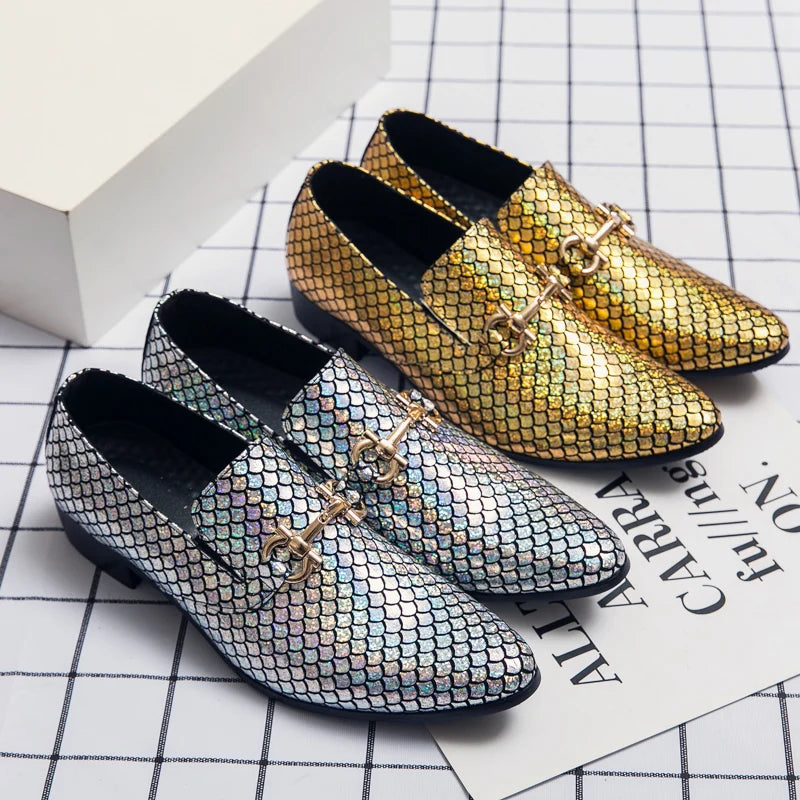 High End Banquet Dress Shoes Men's Suits Luxurious Golden Wedding Shoes Pointed Men's Genuine Leather Shoes Big Size：38-48