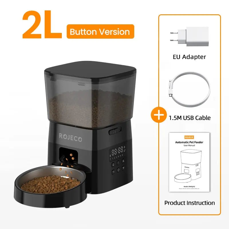 ROJECO Automatic Pet Feeder Button Version Auto Cat Food Dispenser Accessories Smart Control Pet Feeder For Cats Dog Dry Food 2L With EU Plug