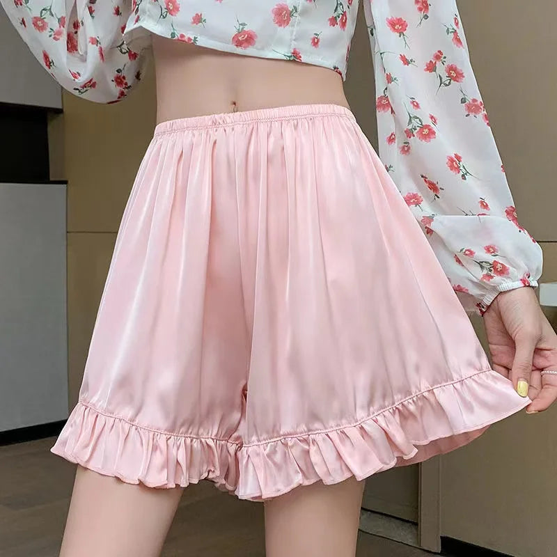 Satin Ice Silk Ruffle Short Pants Women's Summer Loose Home Safety Pants Under Skirt Seamless Sexy Underwear Breath Cool Shorts Pink