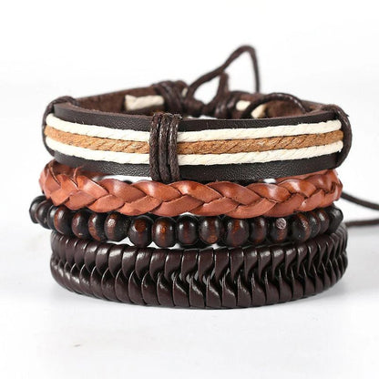 4Pcs/ Set Braided Wrap Leather Bracelets For Men Vintage Life Tree Rudder Charm Wood Beads Ethnic Tribal Wristbands 08