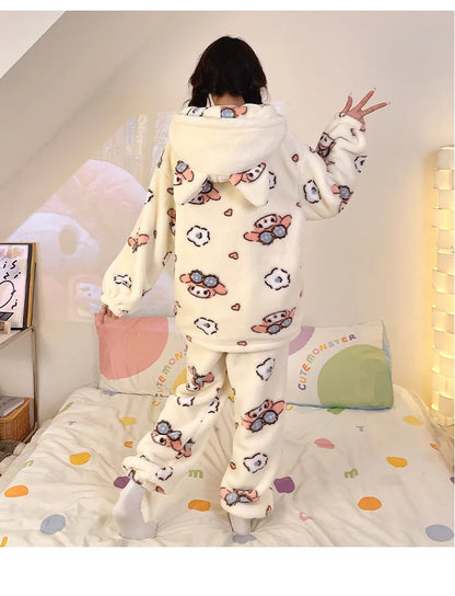 Sanrio Cartoon Hello Kitty Pajamas Female Flannel autumn Winter New Plus Thicken Velvet Sweet Keep Warm Pajamas set leisure wear