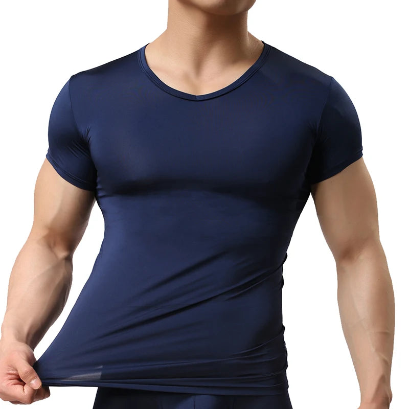 Super thin Muscle men's cool summer casual fitness v-neck short t-shirts modal cotton obesity man t-shirt Navy blue