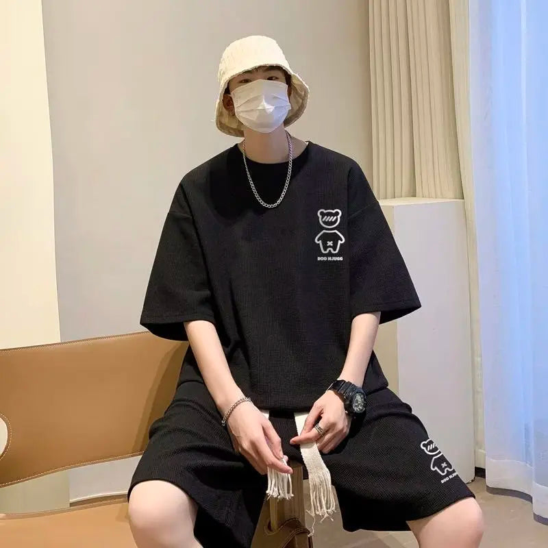 Korean Fashion Men Short Sets Hip Hop Rock Casual Short Suit Funny Bear Tshirts Shorts 2 Piece Set Summer Tracksuit Men 2023 New