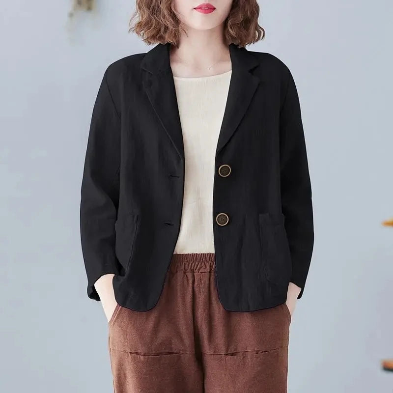 2023 Spring Summer Short Coat Cotton And linen Blazer Suit Collar Jacket Women's Casual Solid Color 3/4 Sleeves Shirt Cardigan