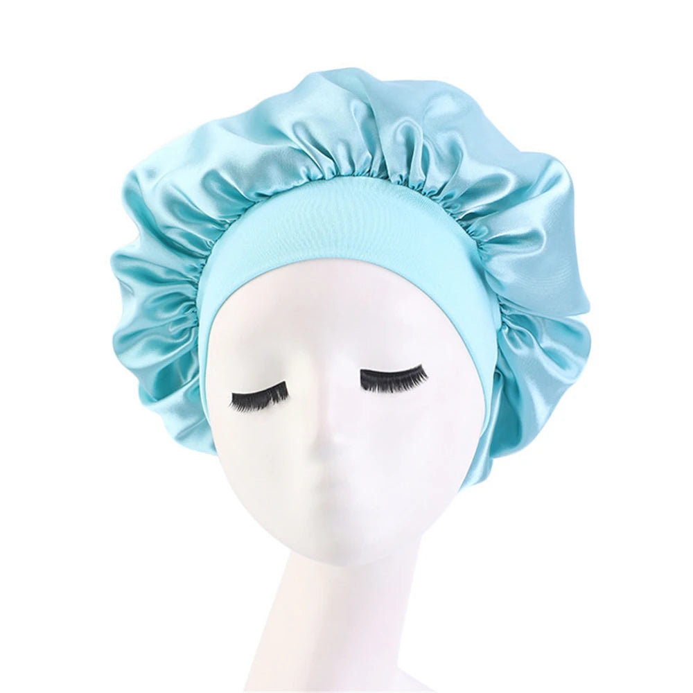 Newly Women's Satin Solid Sleeping Hat Night Hair Care Bonnet Nightcap For Women Men Unisex Cap sky blue