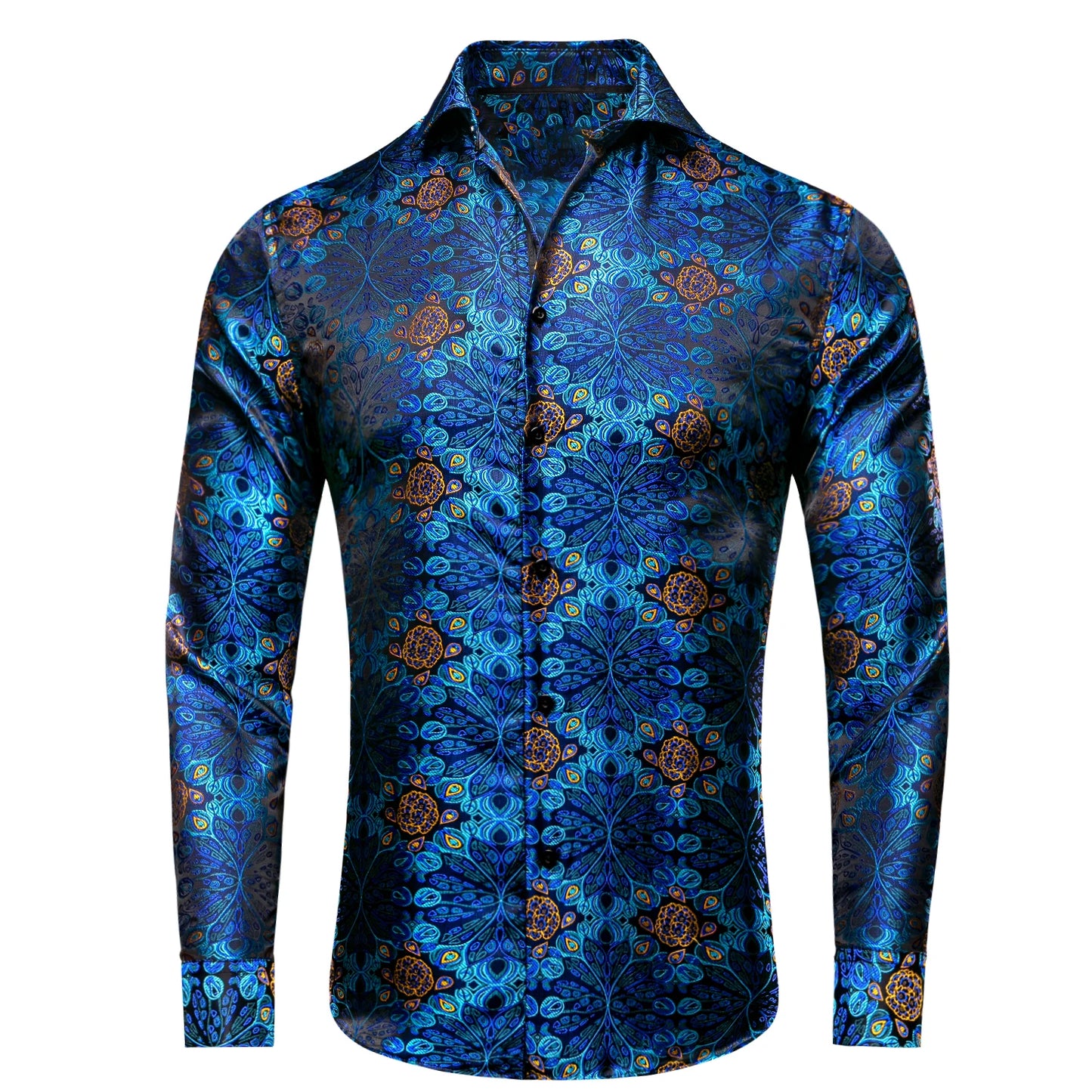 Hi-Tie Gold Luxury Mens Shirts Silk Jacquard High Quality Long Sleeve Lapel Shirt Casual Formal for Male Wedding Business Gifts