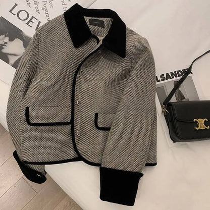 Women's 2022 New Autumn And Winter Plush Thickened Suit Coat Short Fashion Loose Versatile Grey Splice Casual Female Blazers