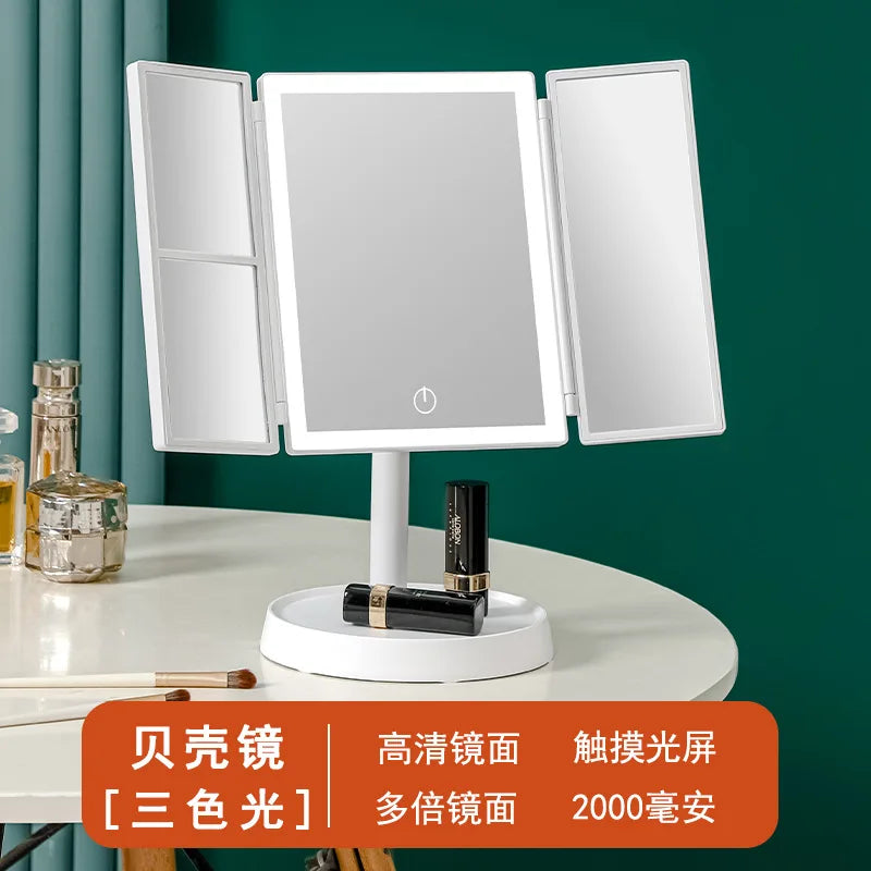 Wireless Foldable Makeup Mirror With LED Light 3 Tone Lights Desktop Vanity Mirror 2X/3X Magnifying 360° Adjustable Rechargeable white Tricolor light