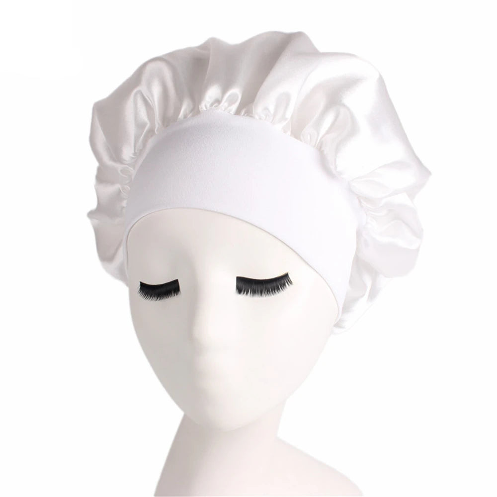 Newly Women's Satin Solid Sleeping Hat Night Hair Care Bonnet Nightcap For Women Men Unisex Cap white