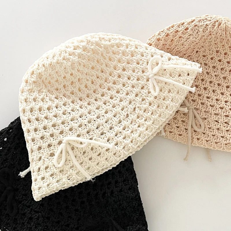 Korean Ins New Cute Bow Hollow Knitted Women's Caps Spring and Summer Sunshade Versatile Show Face Small Sweet Bucket Hat