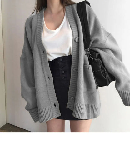 2024 Autumn Women's Sweater Fashion V-neck Vintage Knitted Cardigan Korean Loose Solid Sweaters Female