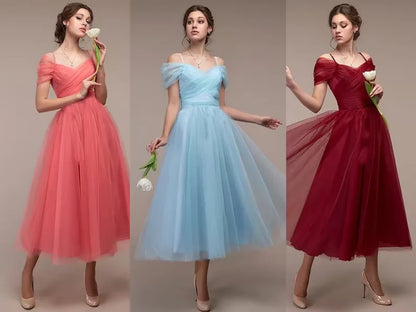 Women's Romantic Off Shoulder Ceremony Dresses Elegant Long Party Wedding Cocktail Bridesmaid Mesh Tulle Midi Wrap Gala Dress