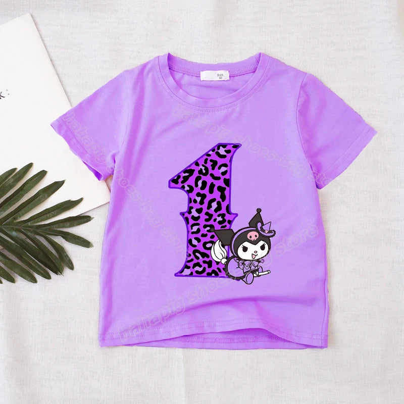 Kuromi Number T-Shirt Girl Birthday Clothes Short Sleeve Purple  Kids T-Shirts Kawaii Children Tee Cartoon Casual Toddler Tops