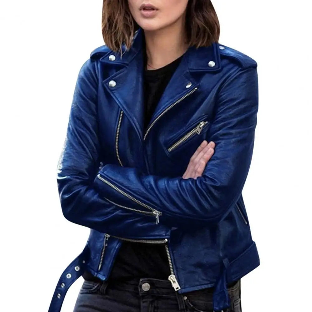 Autumn Short Jacket Solid Female Moto Biker Jackets Thin Ladies Cool Faux Leather Jacket Slim Short Leather Outwear Blue